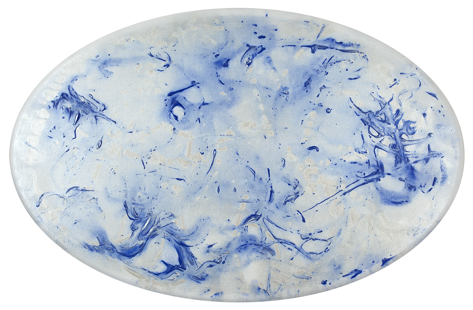  © Alicia R Peterson, *Dancing with YinMn Blue*. Acrylic on 24 x 36-inch convex oval canvas.  Special price $2,900.