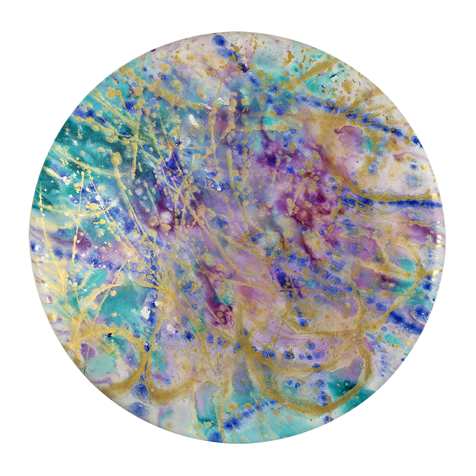 ©2019 Alicia R Peterson, *Cosmic Spring*. Acrylic on 36-inch diameter convex canvas. Photographer: Peter Scheer.
