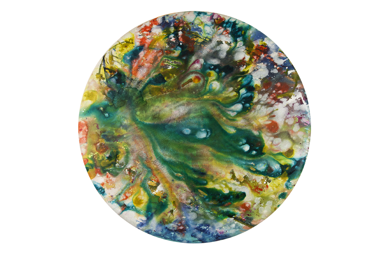 ©2017 Alicia R Peterson, *Galactic Oceans*. Acrylic on 36-inch diameter convex canvas. Photographer: Peter Scheer.