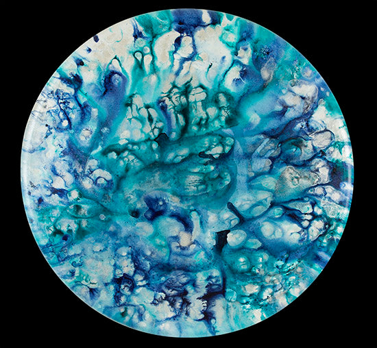 © 2019 Alicia R Peterson, *Blue Cosmos*. Acrylic on 36-inch diameter convex canvas. Photographer: Peter Scheer.