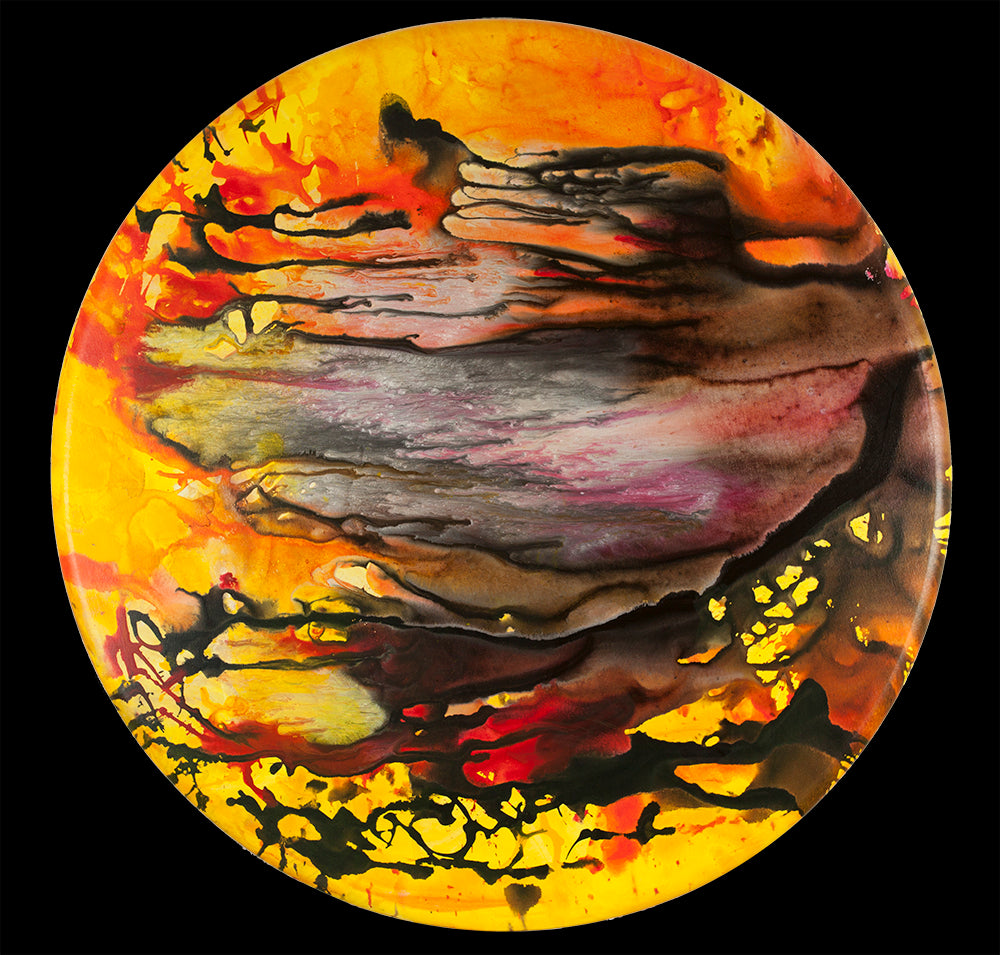 ©2019 Alicia R Peterson, *Jupiter Red Spots*. Acrylic on 40-inch diameter convex canvas. My largest work so far. Photographer: Peter Scheer.