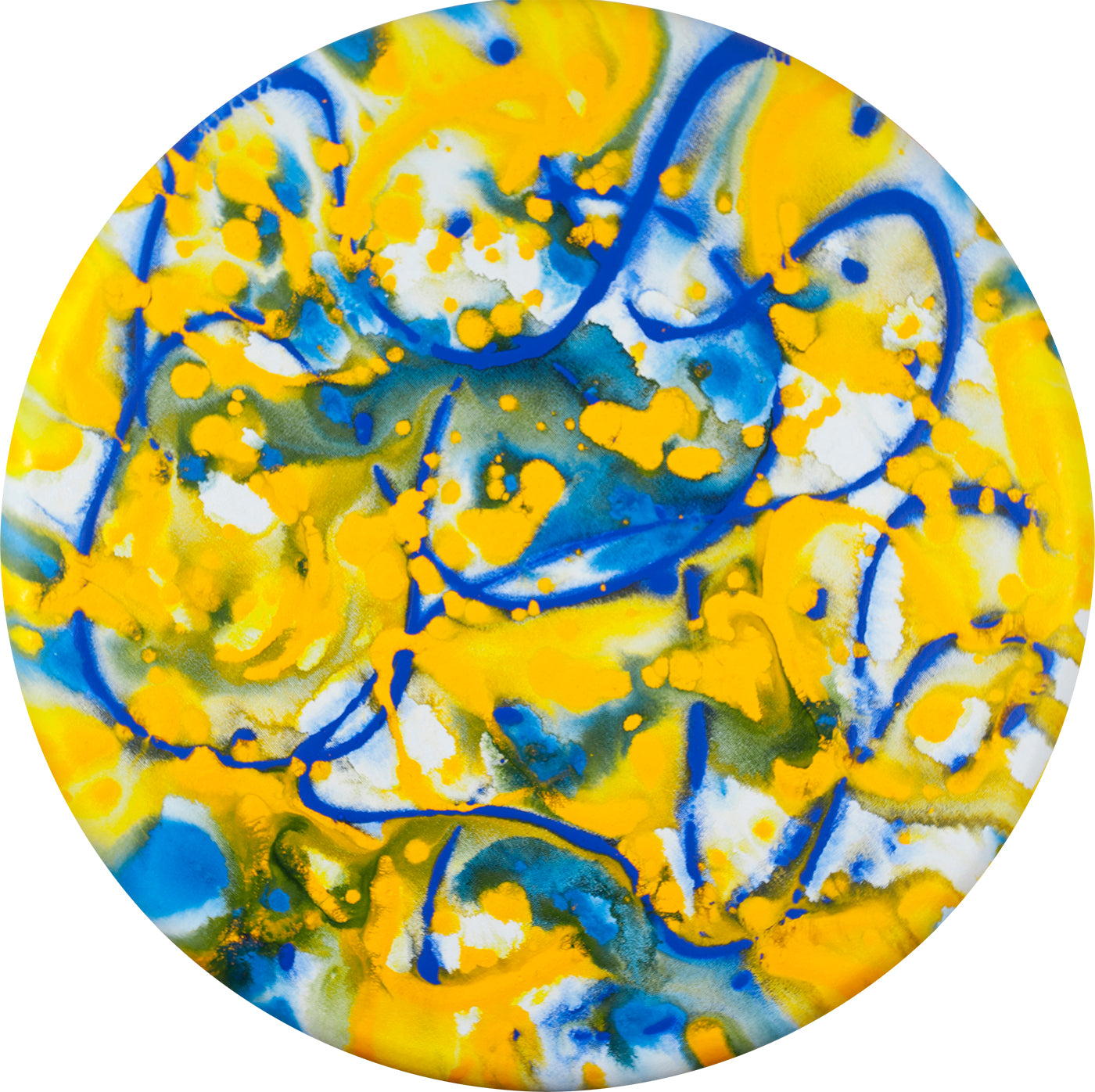 On view at the Long Island Museum. ©2022 Alicia R Peterson, *We Are One*. Acrylic on 24-inch diameter convex canvas. Photographer: Peter Scheer. $3,500