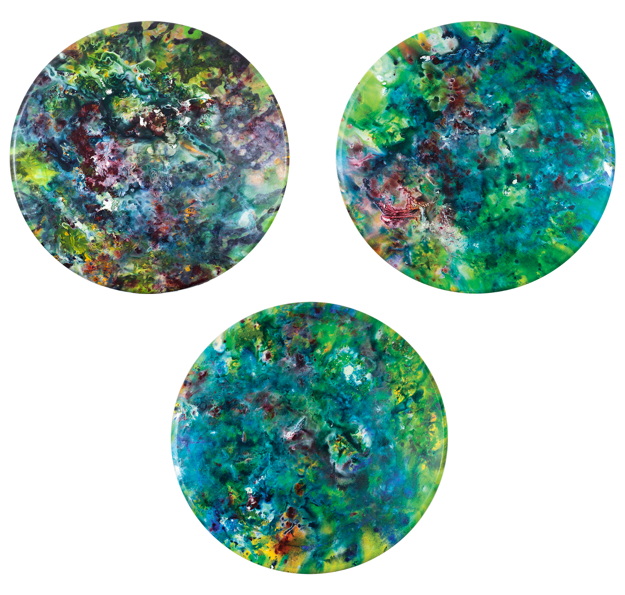 ©2022 Alicia R Peterson, *Between Three Worlds* (Trilogy). Acrylic on 30-inch diameter convex canvas. Photographer: Peter Scheer.