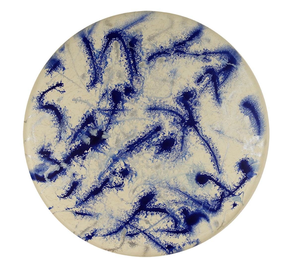 ©2020 Alicia R Peterson, *Blue Silver Microscopic*. Acrylic on 30-inch diameter convex canvas. Photographer: Peter Scheer.