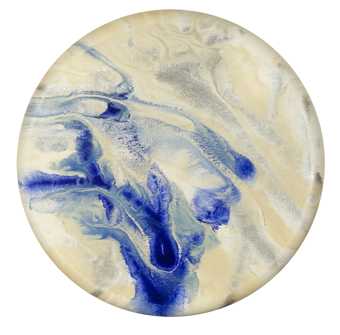 © 2020 Alicia R Peterson, *Blue Spaces*. Acrylic on 20-inch diameter convex canvas. Photographer: Peter Scheer.