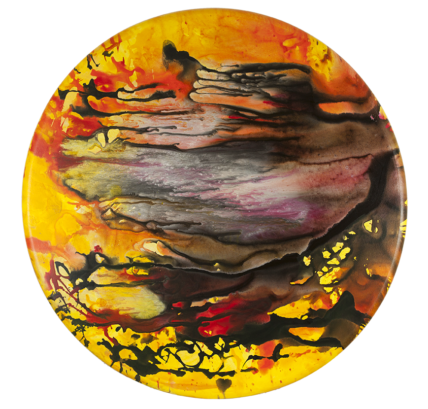 ©2019 Alicia R Peterson, *Jupiter Red Spots*. Acrylic on 40-inch diameter convex canvas. Photographer: Peter Scheer.