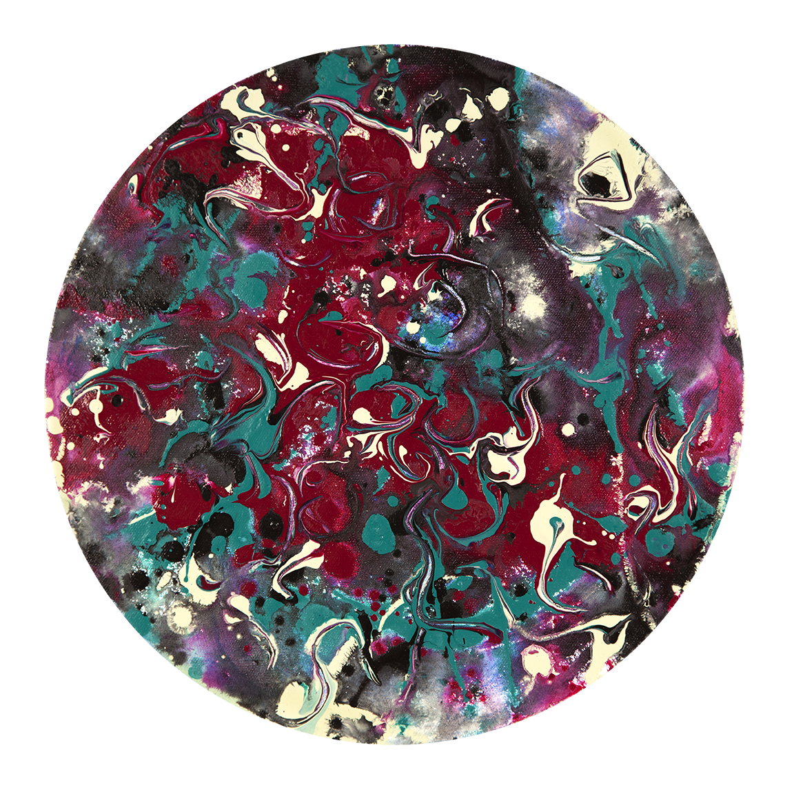 ©2021 Alicia R Peterson, *Swirl, Twirl and Be*. Acrylic on 12-inch diameter canvas. Photographer: Peter Scheer.