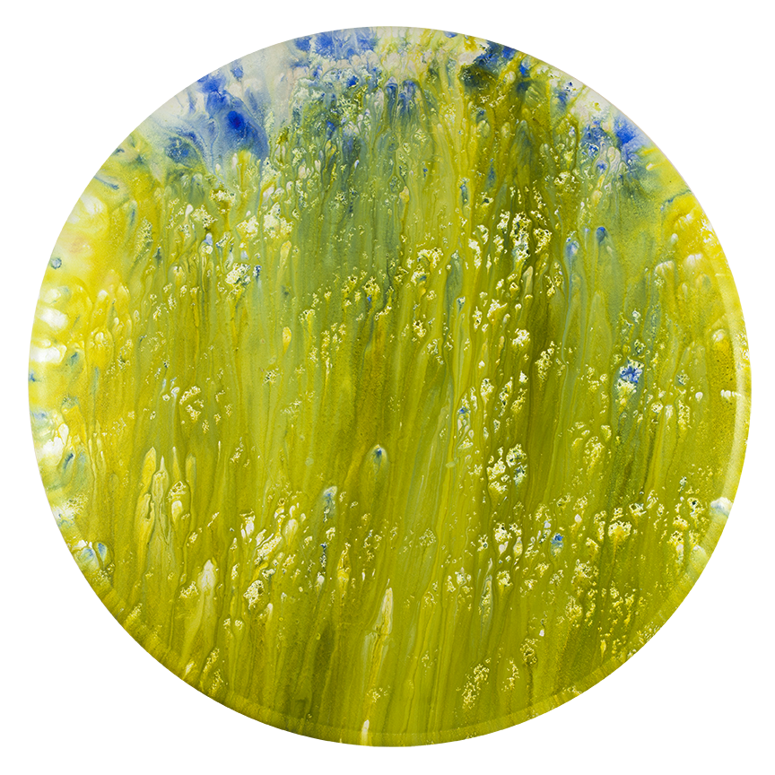 ©2019 Alicia R Peterson, *Green Gold*. Acrylic on 36-inch diameter convex canvas. Photographer: Peter Scheer.